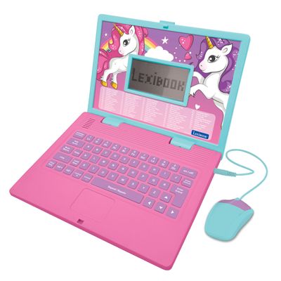 LEXiBOOK - Unicorn Educational and Bilingual Laptop Spanish/English - Toy for Children with 124 Activities to Learn Mathematics, Dactylography, Logic, Clock Reading, Play Games and Music - JC598UNIi2