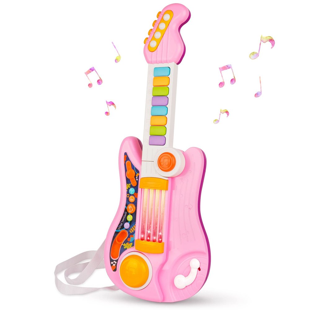 Kids Guitar 2 in 1 Musical Instruments for Kids Piano Toddler Toy Electric Guitars with Strap Music Toys for 3 4 5 Year Old Boys Girls Gifts (Pink)