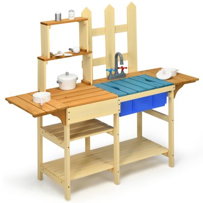 HONEY JOY Kids Mud Kitchen Playset, Indoor Outdoor Wooden Pretend Play Toy Kitchen with Removable Sink, Simulated Faucet, Mud Kitchen for Kids Outdoor, Gift for Boys Girls 3+