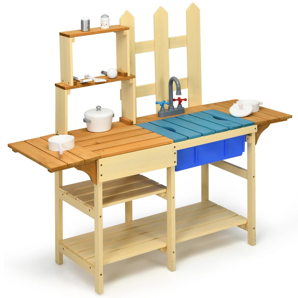 HONEY JOY Kids Mud Kitchen Playset, Indoor Outdoor Wooden Pretend Play Toy Kitchen with Removable Sink, Simulated Faucet, Mud Kitchen for Kids Outdoor, Gift for Boys Girls 3+
