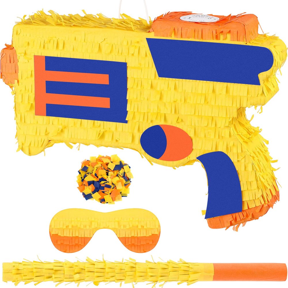 Sosation Gun Piata Small Dart Battle Party Supplies Gun War Theme Party Decorations for Piata Bundle with Wooden Stick Paper Blindfold Confetti Set for Birthday Game Decor,16.1 x 11.8 x 2.8 Inch