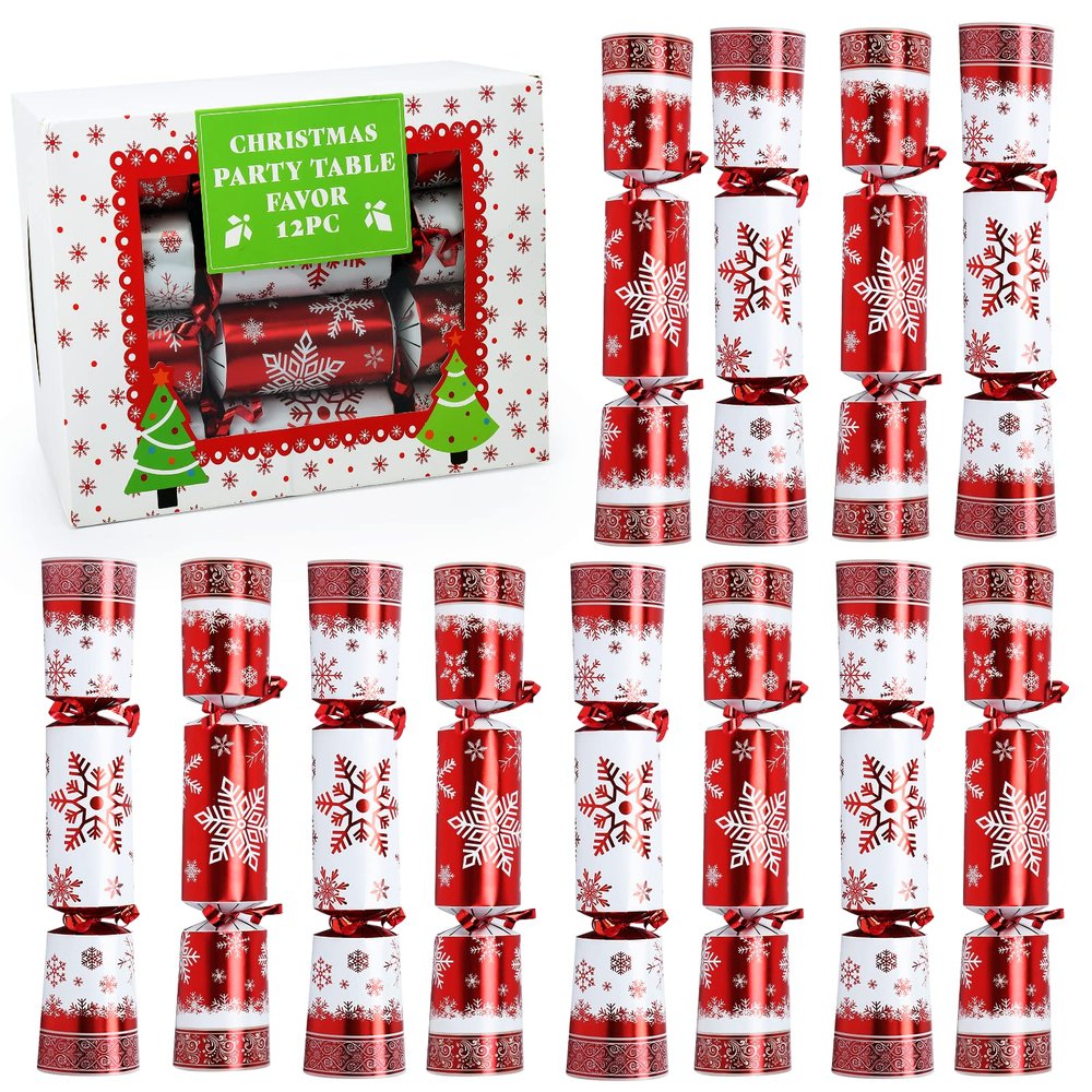 FunsLane 12 Pack 10" Luxurious Red & White Snowflake Design Table Favors with Party Hat, Joke & Xmas Gift for Kids Christmas Parties & Holidays