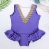 Agoky Kids Girls Halloween Circus Ringmaster Ruffle Leotard with Gloves Dress Up Trapeze Cosplay Costume Outfits Lavender 14 Years view 4