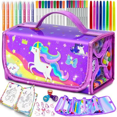 56 PCS Washable Scented Markers Set with Glitter Pencil Case, Mermaid Unicorn Arts and Crafts for kids 4-6-8 Kids Coloring Drawing Kits for 4-8 Years Old Girls Birthday Gifts