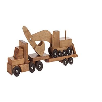 AmishToyBox.com Large Wooden Toy Truck & Flatbed Trailer with Excavator Set