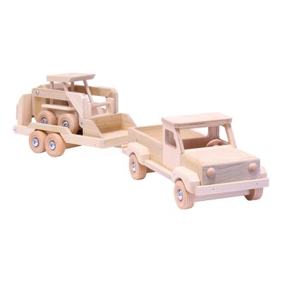 AmishToyBox.com Wooden Pickup Truck and Flatbed Trailer with Skidloader Set