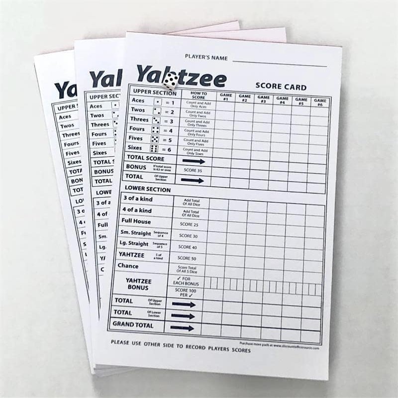 Yatzee Dice Game Single-Sided Score Cards (3 Pads of 100 Sheets)