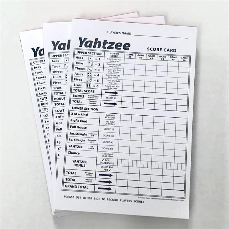 Yahtzee Dice Game Double-Sided Score Cards (3 Pads of 100 Sheets)