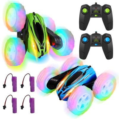 FunsLane 2 Pack Remote Control Car Toys for Kids, RC Stunt Cars with Wheel Lights, 2.4GHz Drift High Speed 4WD Off Road Double Sided 360 Rotating Cars, for Boys Girls