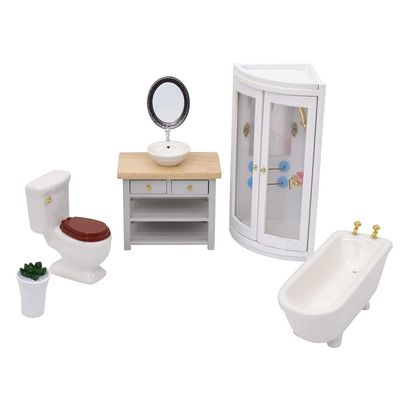 iLAND Dollhouse Furniture and Accessories 1/12 Scale of Dollhouse Bathroom Set incl Ceramic Dollhouse Toilet & Bathtub & Wooden Bathroom Cabinet with Sink (Modern 7pcs)