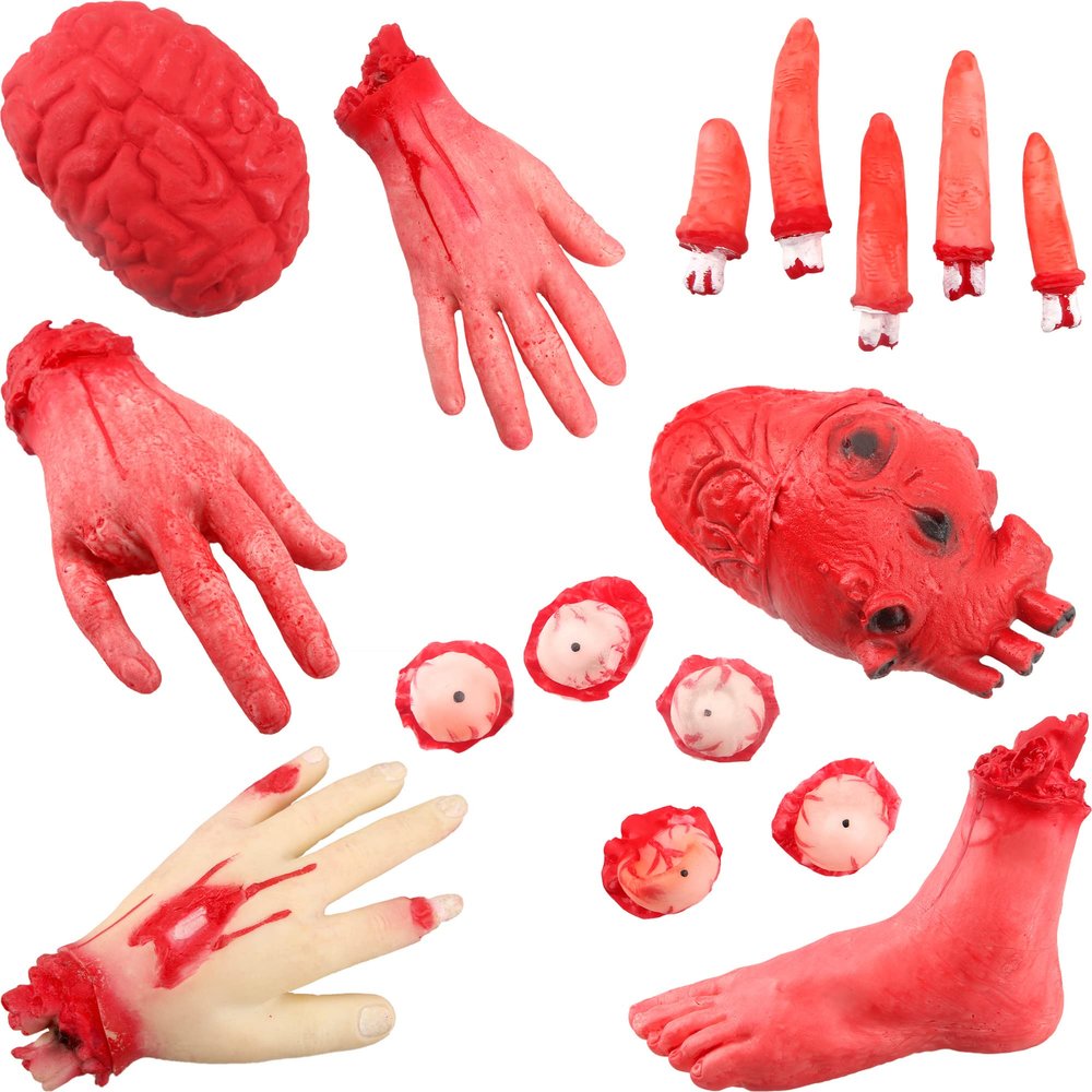 Cotiny 16 Pack Halloween Body Parts Props Fake Broken Hand Feet Heart Eye Prop for Halloween Prank Props Haunted House Decorations