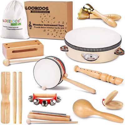 LOOIKOOS Toddler Musical Instruments, Eco Friendly Music Set for Kids Preschool Educational, Natural Wooden Percussion Instruments Musical Toys for Boys and Girls with Storage Bag