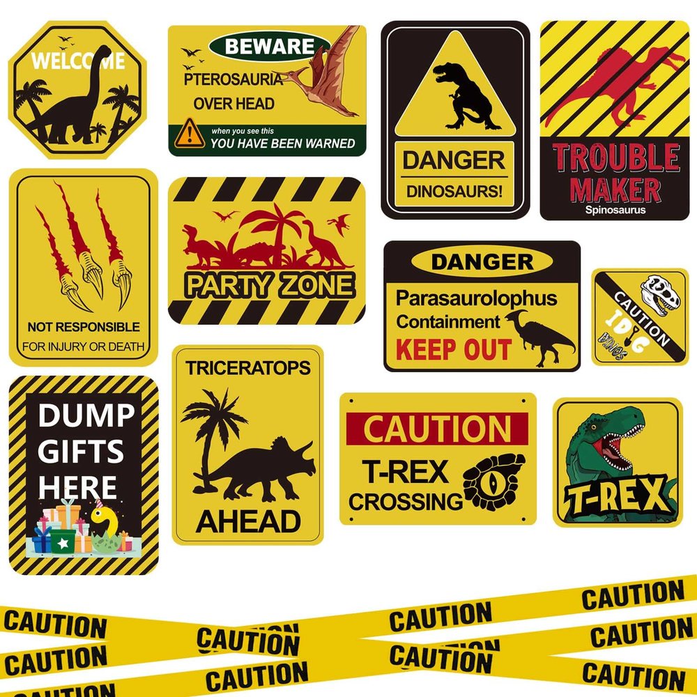 13 pcs Dinosaur Birthday Party Supplies, Dinosaur Party Decorations for Boys Kid Birthday Party Baby Shower11.8 inch Dinosaur Theme Party wall Decor Signs with Yellow Caution Tape