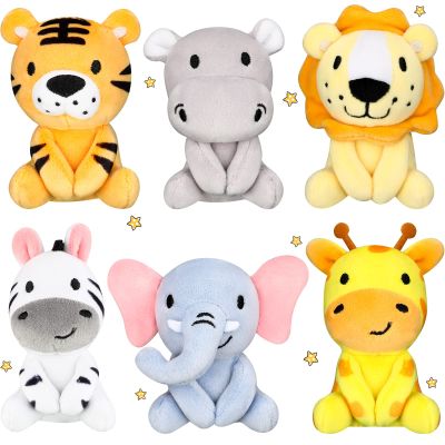 Aoriher 6 Pcs Mini Stuffed Forest Animal Bulk Jungle Plush Animal 4 Inch Plush Elephant Lion Tiger Giraffe Panda for Baby Shower Christmas Birthday Gift Stuffer Themed Party Decoration(Lovely)