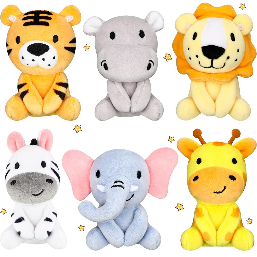 Aoriher 6 Pcs Mini Stuffed Forest Animal Bulk Jungle Plush Animal 4 Inch Plush Elephant Lion Tiger Giraffe Panda for Baby Shower Christmas Birthday Gift Stuffer Themed Party Decoration(Lovely)