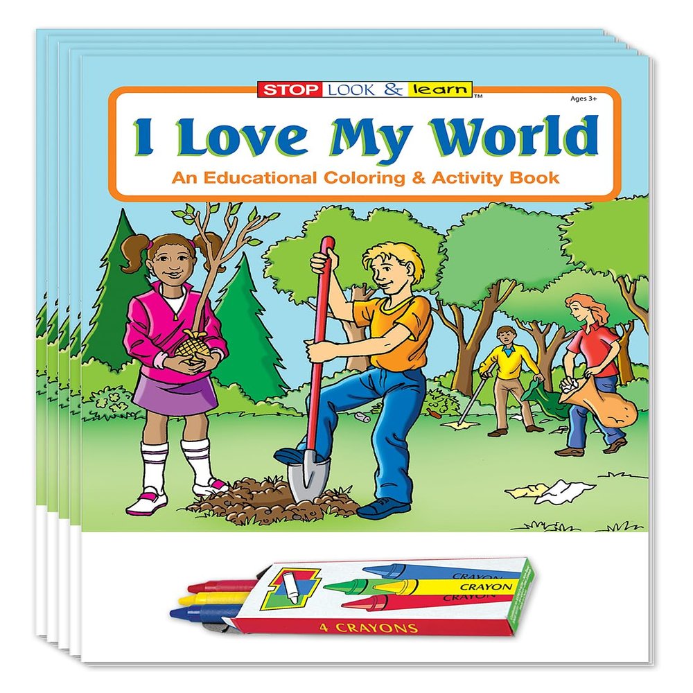ZOCO  I Love My World Coloring Books for Kids (50 Bulk Pack, With Crayons)  Earth Day Activities, Environmental Education, Games & Puzzles