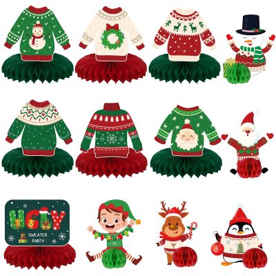 12 Pcs Christmas Ugly Sweater Party Decorations Christmas Ugly Sweater Honeycomb Centerpieces Xmas Sweater Party 3D Table Decorations for Christmas Party Winter Holidays Supplies