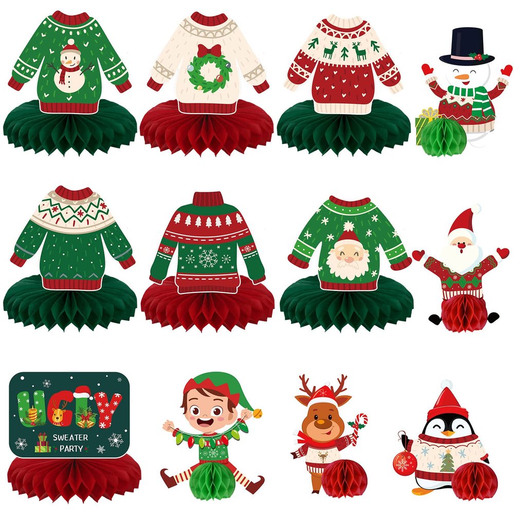 12 Pcs Christmas Ugly Sweater Party Decorations Christmas Ugly Sweater Honeycomb Centerpieces Xmas Sweater Party 3D Table Decorations for Christmas Party Winter Holidays Supplies