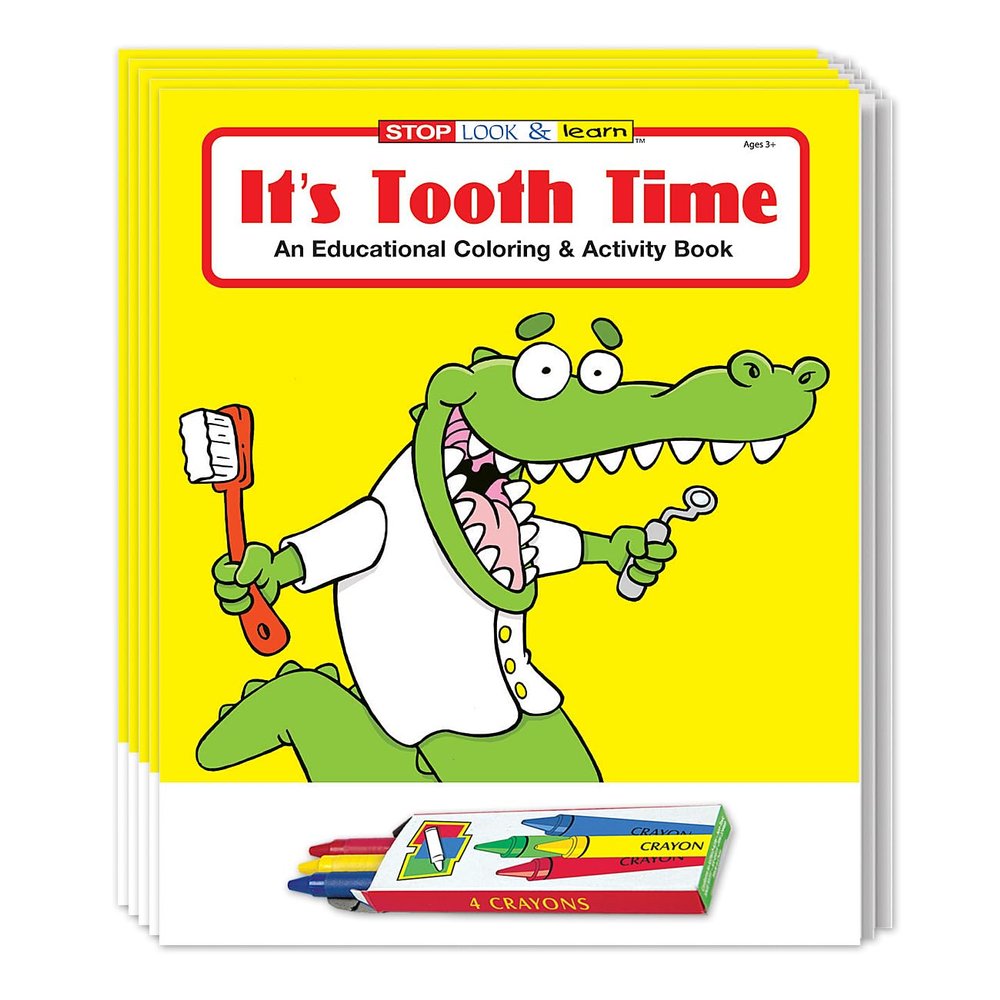 ZOCO  It's Tooth Time Coloring & Activity Books (50 Bulk Pack, With Crayons)  Dental Hygiene Education Toys for Kids