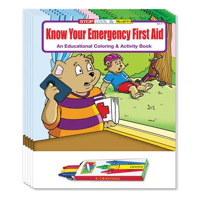 ZOCO  Know Your Emergency First Aid Coloring & Activity Books (50 Bulk Pack, With Crayons)  Educational Safety Handout  EMS Gifts for Kids