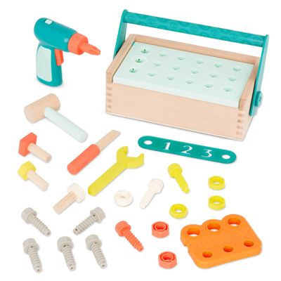 B. toys Fix n Play Kit Pretend Play Tool Box Wooden Toolbox & Accessories (25 Pieces) Carpenter Set for Kids Play Set with Drill, Hammer, Screwdriver & More 3+ Years
