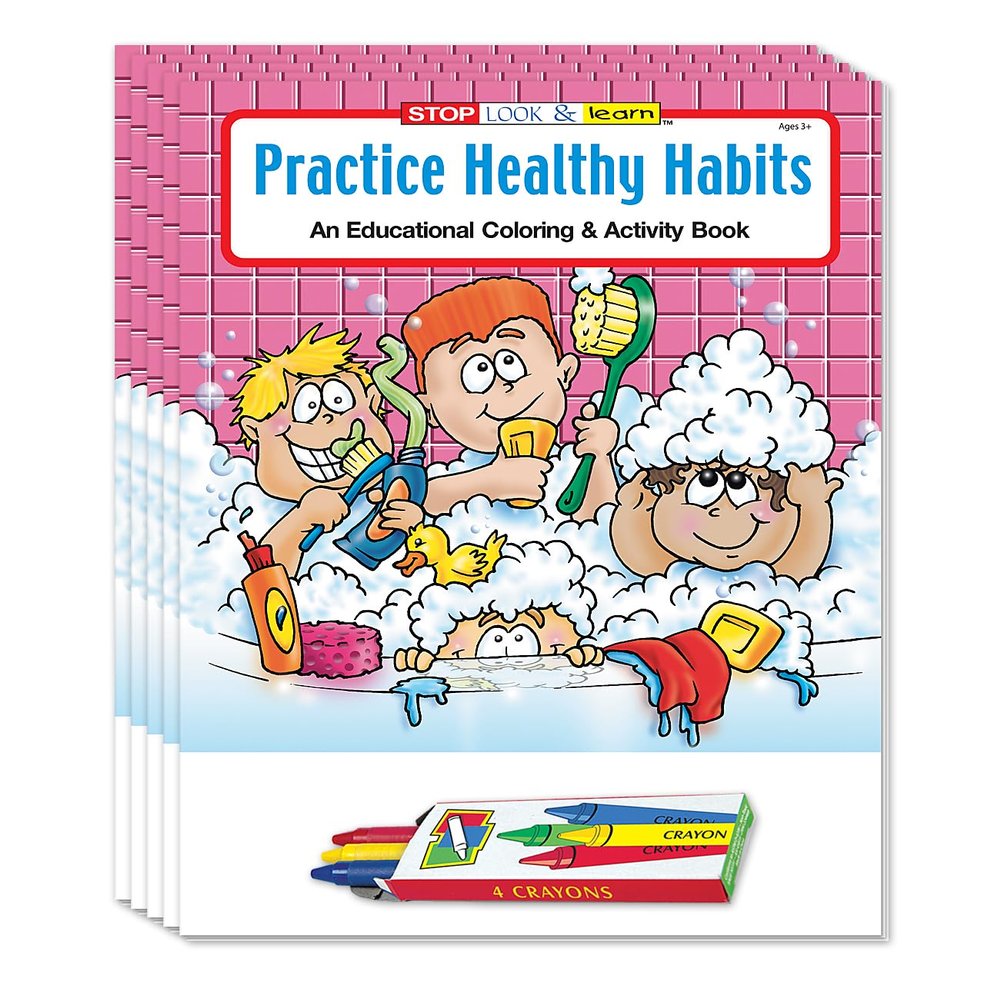 ZOCO Practice Healthy Habits Coloring Books for Kids (50 Bulk Pack, With Crayons) Hygiene, Exercise & Nutrition Activities Ideal for Schools, Daycare & Doctors Offices