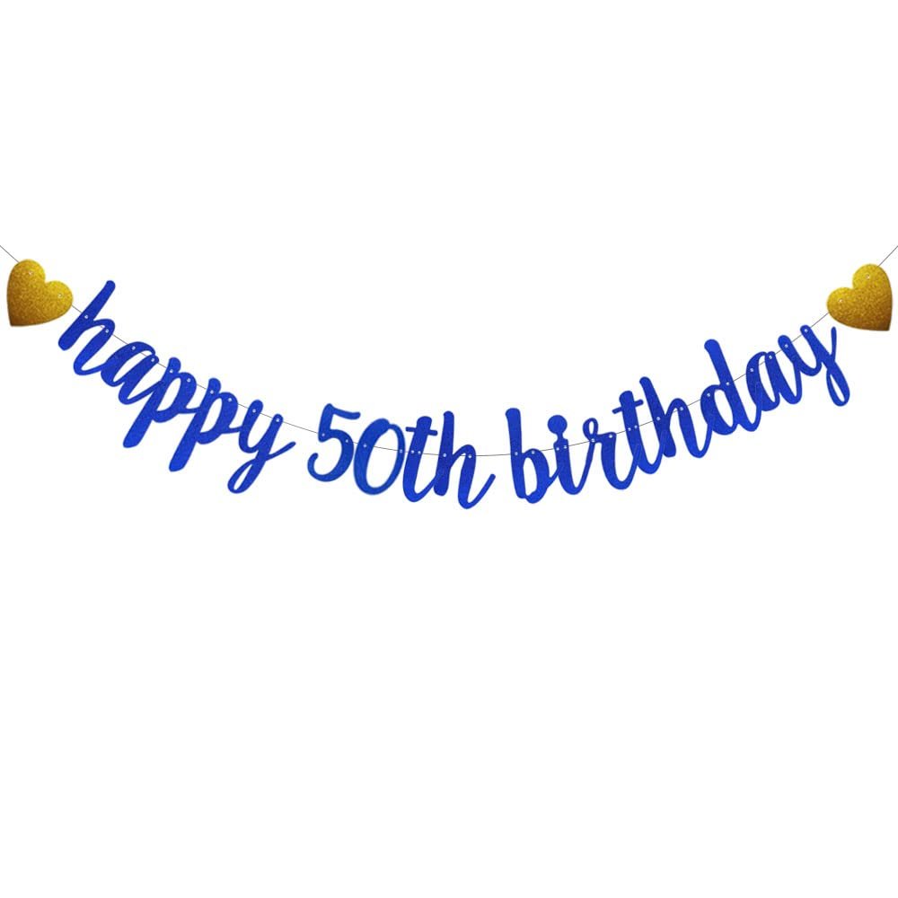 SUNbetterland Blue glitter Happy 50th Birthday Banner, Pre-Strung,50th Birthday Party Decorations Supplies, Happy 50th Birthday