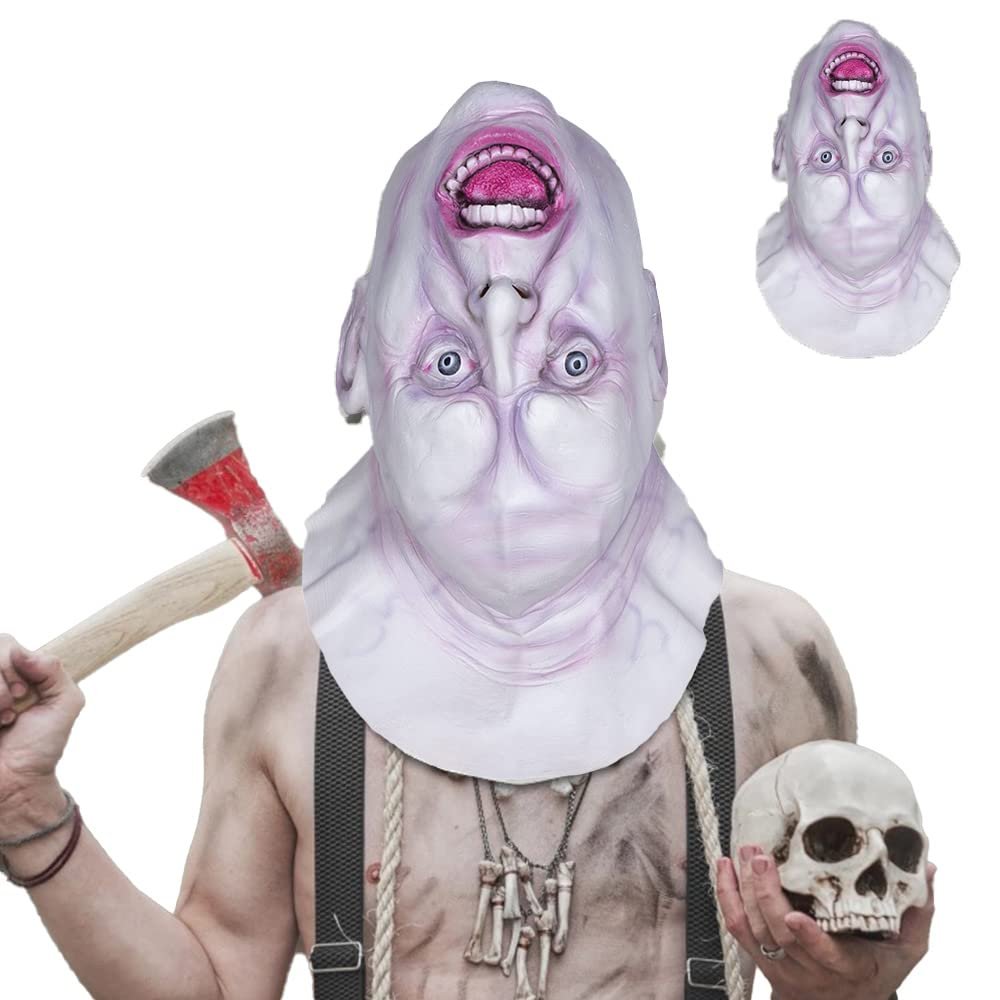 Halloween Realistic Upside Down Head Horror Ghost Mask White Latex Full Headgear for Cosplay Masquerade Party Props (B)
