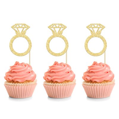 24Pcs Gold Glitter Diamond Ring Donut Toppers Cupcake Picks Wedding Cake Decorations for Bridal Shower Wedding Engagement Party Decorations