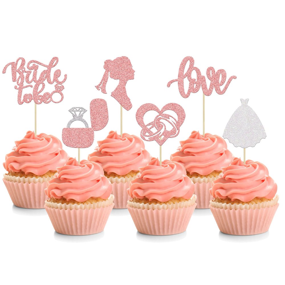 24Pcs Bride To Be Cupcake Toppers Rose Gold Glitter Love Wedding Dress Cake Decorations Heart Ring Diamond Cupcake Picks Wedding Engagement Bridal Shower Party Cake Decorations Supplies