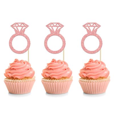 24Pcs Rose Gold Glitter Diamond Donut Ring Cupcake Topper Picks Wedding Engagement Cake Decorations for Engagement Bridal Shower Party Cake Decorations