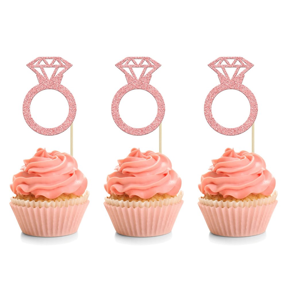 24Pcs Rose Gold Glitter Diamond Donut Ring Cupcake Topper Picks Wedding Engagement Cake Decorations for Engagement Bridal Shower Party Cake Decorations