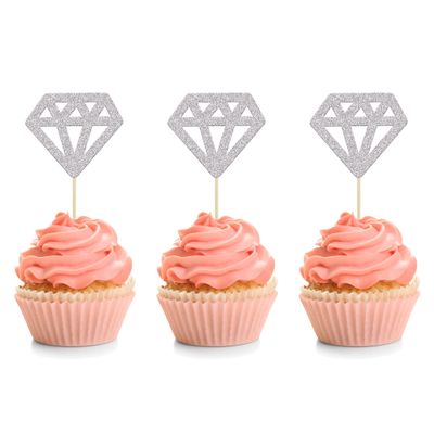 24Pcs Diamond Ring Cupcake Toppers Silver Glitter Diamond Wedding Ring Cupcake Picks for Marriage Engagement Anniversary Valentines Party Cake Decorations Supplies