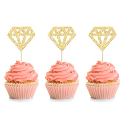 24Pcs Diamond Ring Cupcake Toppers Gold Glitter Diamond Wedding Ring Cupcake Picks for Marriage Engagement Anniversary Valentines Party Cake Decorations Supplies