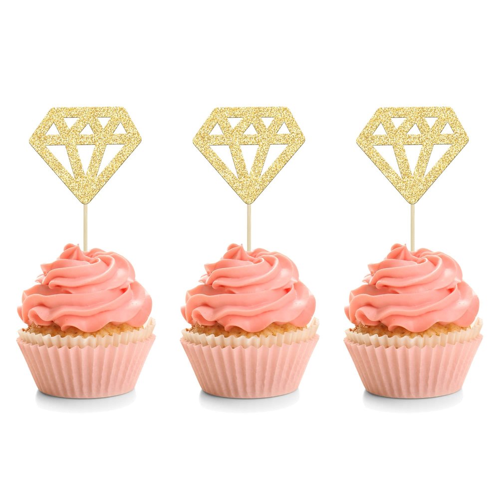 24Pcs Diamond Ring Cupcake Toppers Gold Glitter Diamond Wedding Ring Cupcake Picks for Marriage Engagement Anniversary Valentines Party Cake Decorations Supplies