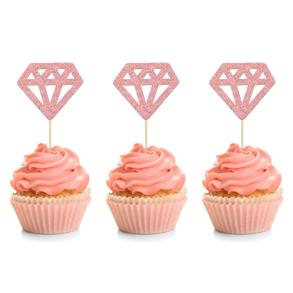 24Pcs Diamond Ring Cupcake Toppers Rose Gold Glitter Diamond Wedding Ring Cupcake Picks for Marriage Engagement Anniversary Valentines Party Cake Decorations Supplies