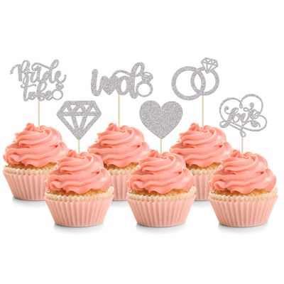 24Pcs Bride To Be Cupcake Toppers Silver Glitter Love I Do Cake Decorations Heart Ring Diamond Cupcake Picks Wedding Engagement Bridal Shower Party Cake Decorations Supplies