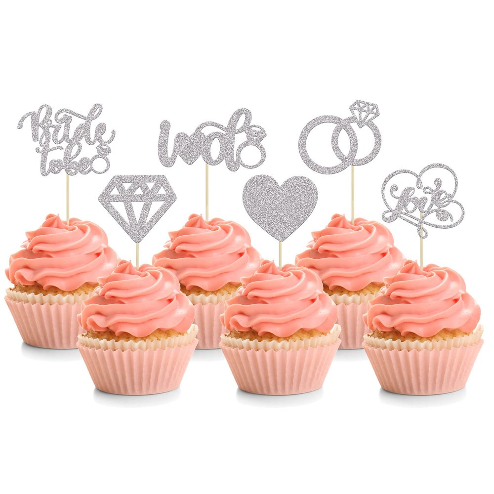 24Pcs Bride To Be Cupcake Toppers Silver Glitter Love I Do Cake Decorations Heart Ring Diamond Cupcake Picks Wedding Engagement Bridal Shower Party Cake Decorations Supplies
