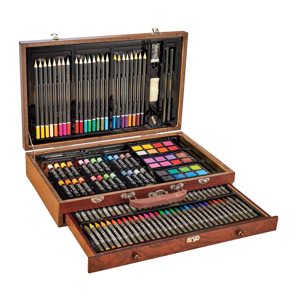 Collections Etc 140 Piece Art Set with Wooden Carrying Case