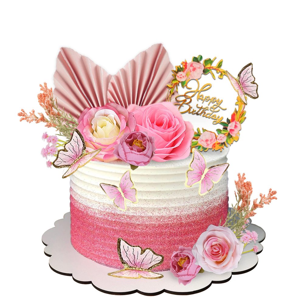 17 PCS Flower Cake Toppers Boho Cake Toppers Butterfly Cake Decorations with Light Artificial Roses Eucalyptus for Wedding Birthday Supplies (Light Pink)