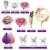 17 PCS Flower Cake Toppers Butterfly Cake Decorations Happy Birthday Cake Toppers with Artificial Purple and Pink Rose Eucalyptus for Birthday Wedding (Purple) view 2