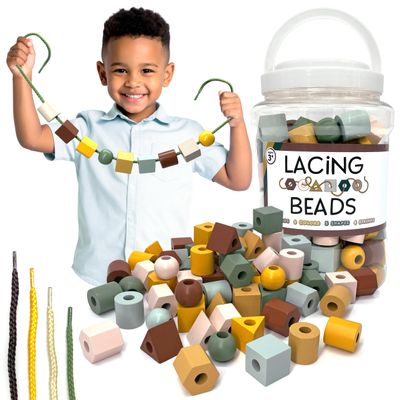 LMC Products Wooden Lacing Beads & Strings 125 Pieces, Fine Motor Skills Toys for 3 Year Old, Boho Colors