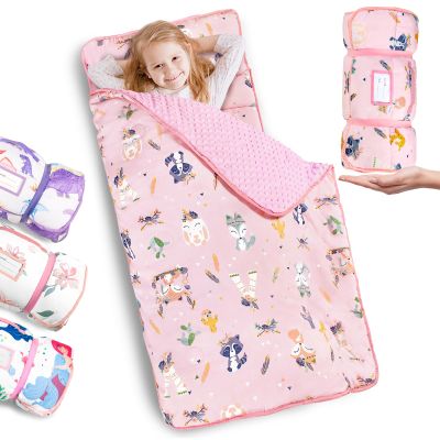 Primlect Thickened Toddler Nap Mat with Removable Pillow and Minky Blanket, Extra Large 55''x35'' Sleeping Bag, Washable, Roll up, Perfect for Daycare, Preschool, Kindergarten, Boys and Girls Pink Fox