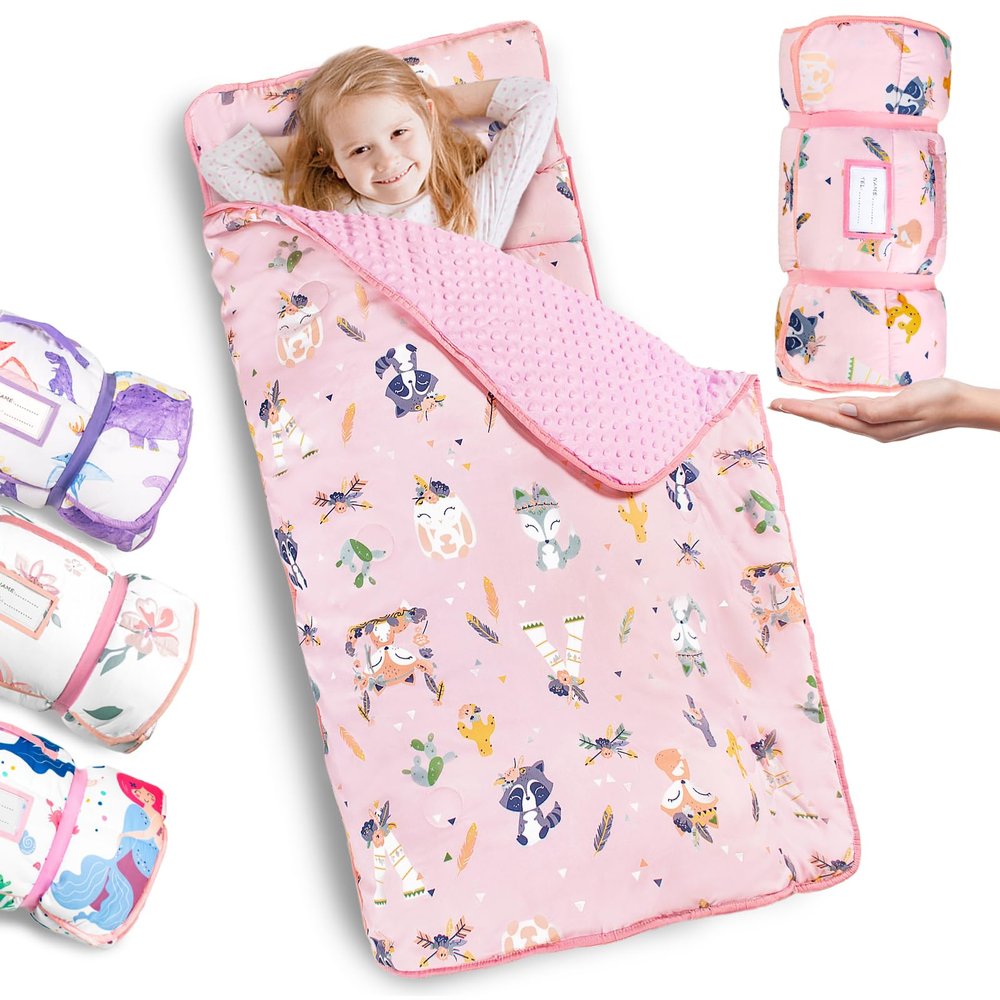 Primlect Thickened Toddler Nap Mat with Removable Pillow and Minky Blanket, Extra Large 55''x35'' Sleeping Bag, Washable, Roll up, Perfect for Daycare, Preschool, Kindergarten, Boys and Girls Pink Fox