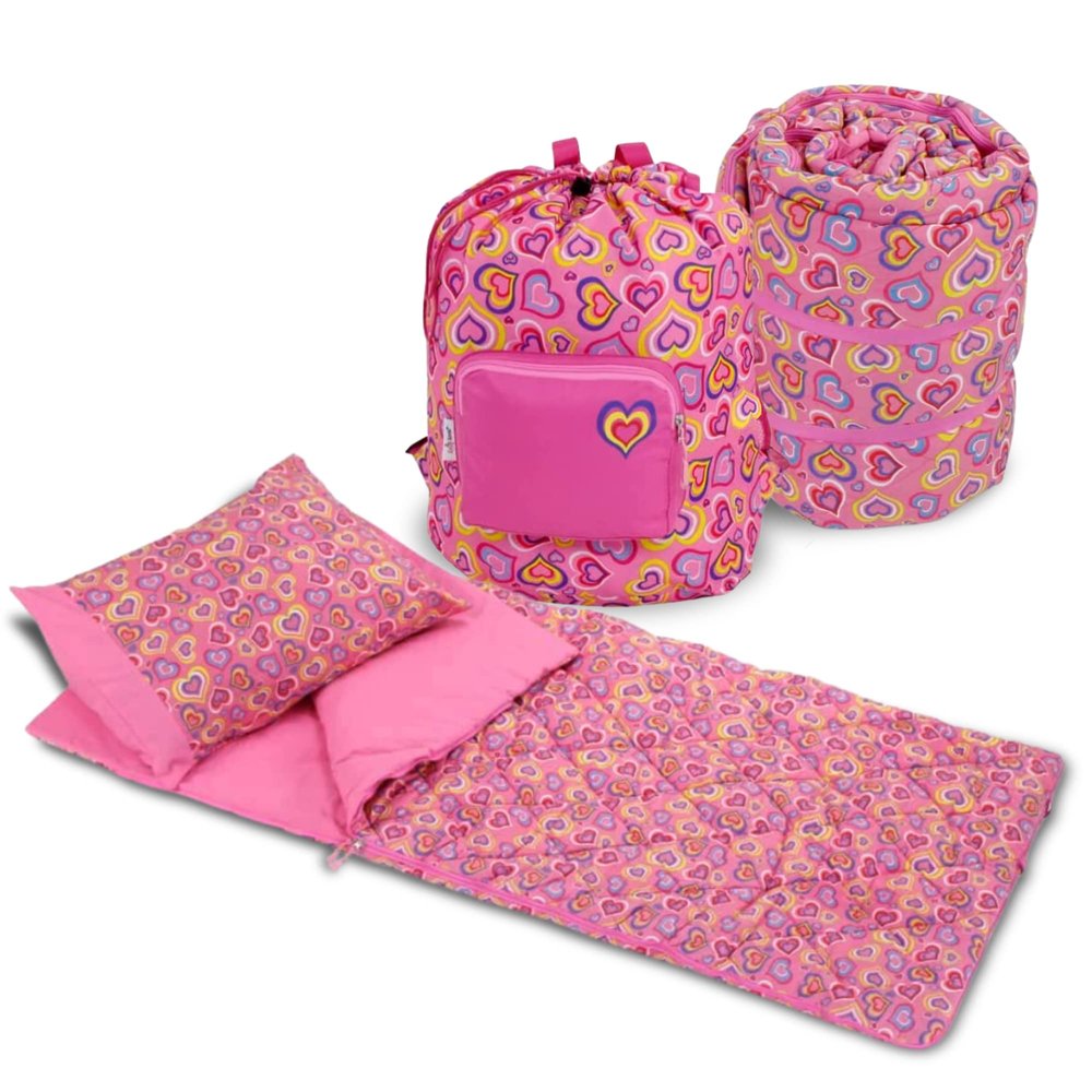 Emily Rose Kids 3-PC Girls Pink Hearts Sleeping Bag Gift Set  Soft Thick Slumber Sack, Pillow Case & Backpack Storage Case Adjustable Straps  Toddler to Preteen Travel Nap Sleepover Bag  USA Brand