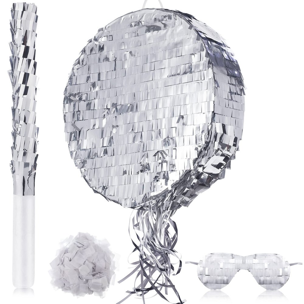 Disco Ball Small Piata with Stick Blindfold and Confetti, Silver Foil Piatas for Birthday Party Kids Adults Retro Birthday Game Party Decorations Supplies(Round)