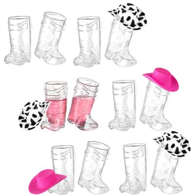 20 Pcs Plastic Mini Western Cowboy Cowgirl Hat and 10 Pcs Plastic Boot Shot Glasses Miniature Cute Doll Hat Cowboy Boot Cups (White, Cow Color)