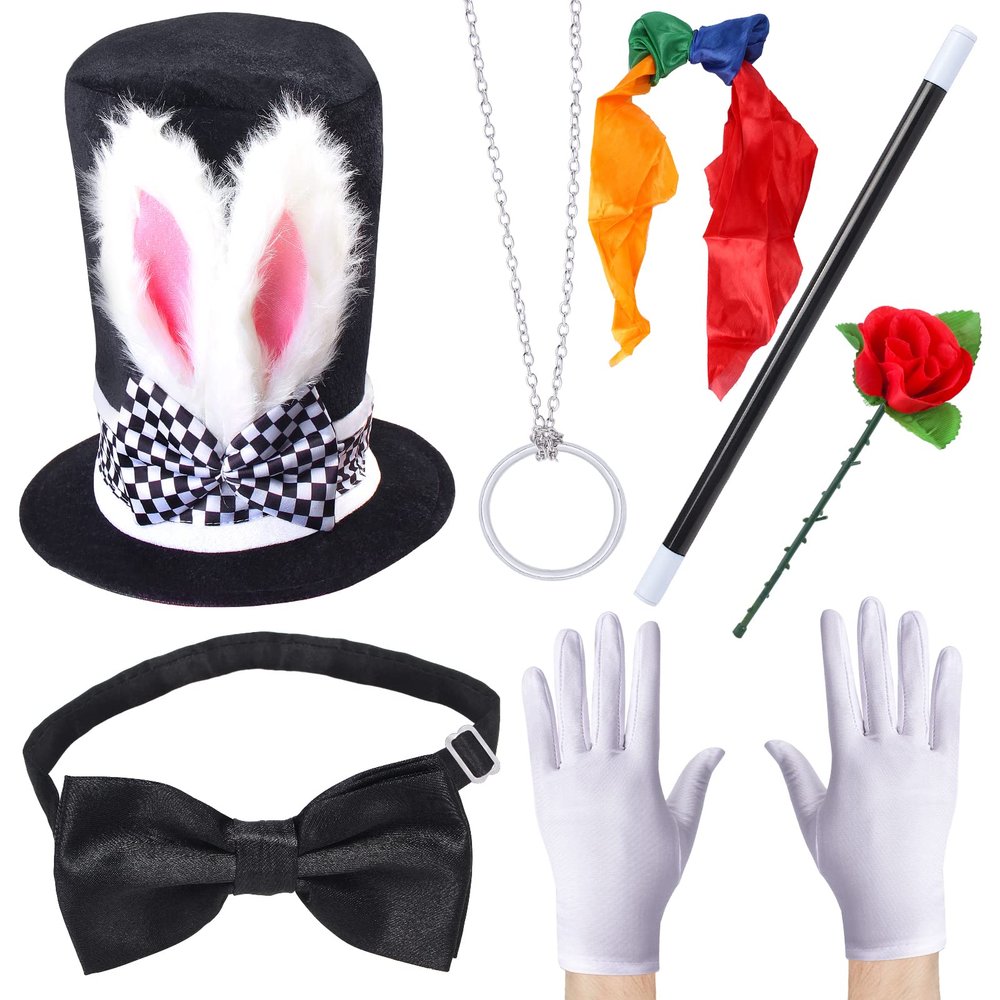 Aichiyu Magician Costume Accessories for Men Women Halloween Pretend Play Dress Up Kit Magician Hat Wand White Gloves Magic Tricks (A)