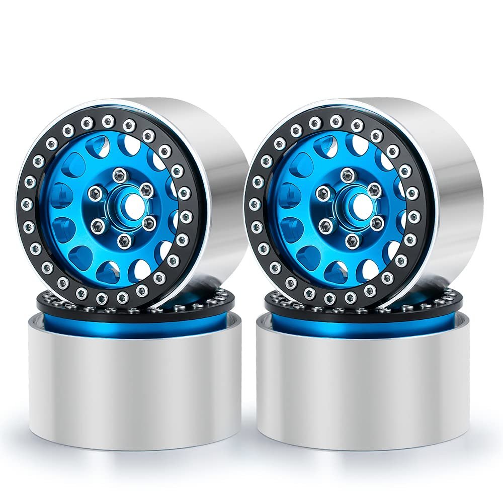 RCLIONS 4PCS Aluminum 1.9" Beadlock Wheels Rims 35mm Width Upgrade for Axial SCX10 II, SCX10 III, TRX4 1/10th RC Crawler Vehicle Car Parts (Blue)