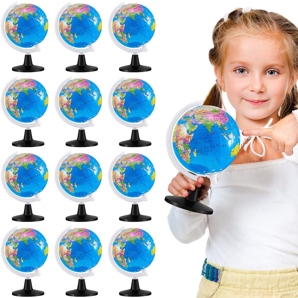 Henoyso 12 Pcs World Globe for Kids Learning 3.4 Inches Mini Rotating World Map Globe with Stand for Kids Educational Desk Classroom Decorative for Geography Table Decor, Blue